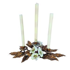 Vintage mid Century golden Bronze leaf candle sconce tri holder ivory flowers
